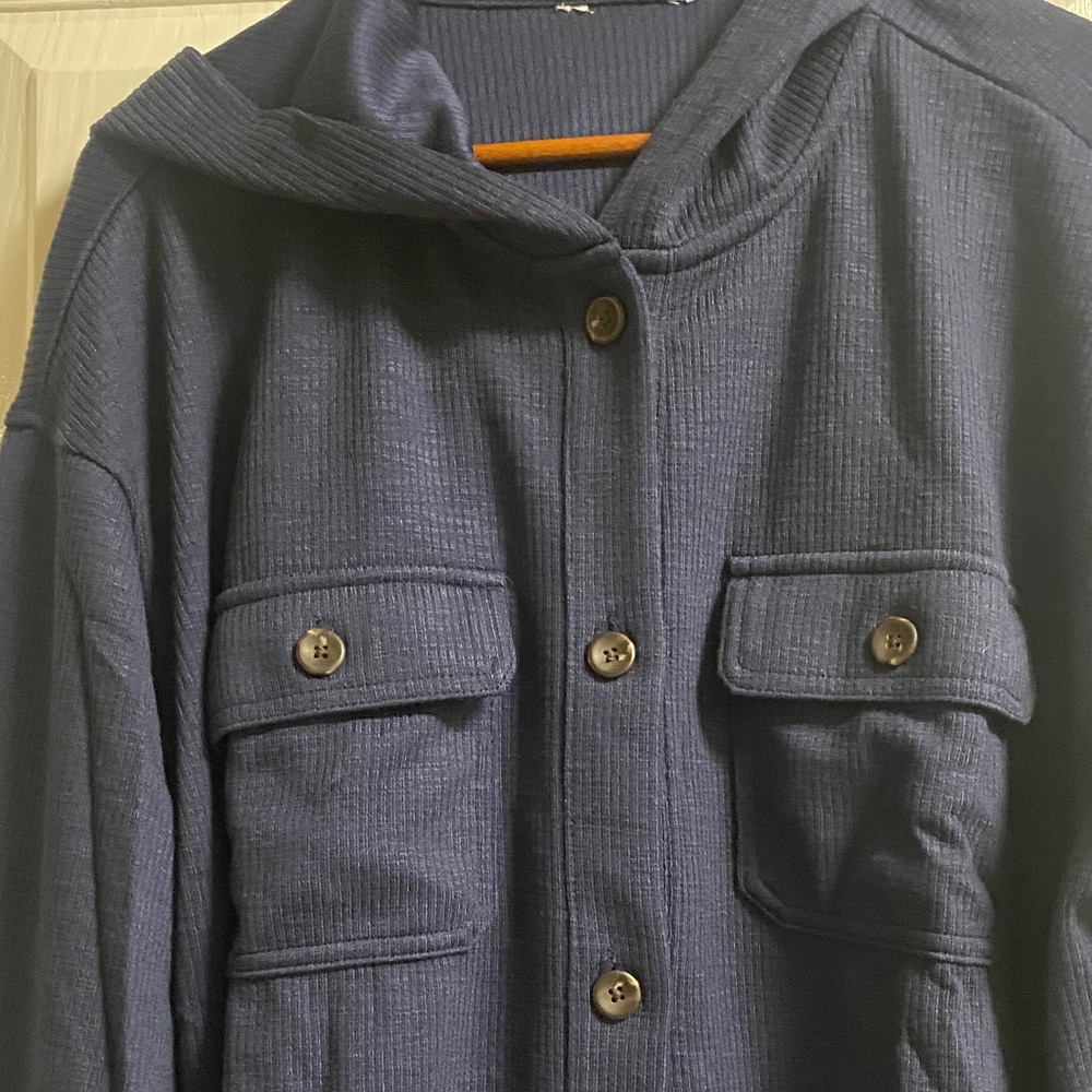 Woman’s L Shacket oversized relaxed  long sleeve hooded button-up  shirt pocket
